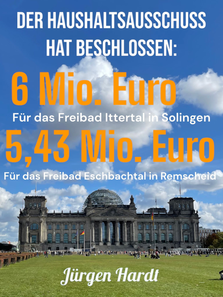 Frohe Weihnachten! Über 11,4 Millionen Euro Bundesmittel für unsere Freibäder Ittertal (Solingen) und Eschbachtal (Remscheid)  
